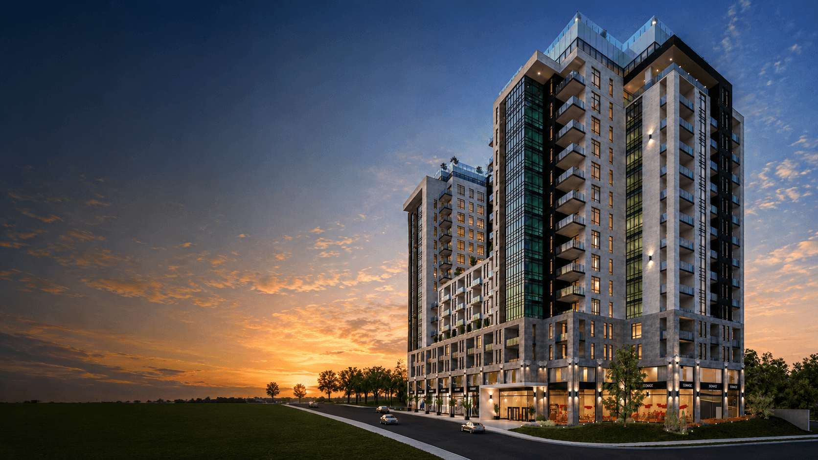 A Patry Group construction development at dusk, home of the Patry AI Internship